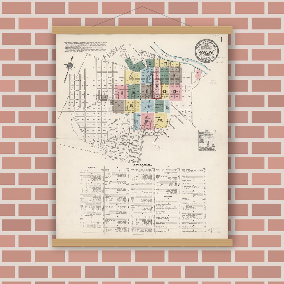Old map wall art mockup — magnetic wood frame on brick wall — Sanborn Fire Insurance Map from Redding, Shasta County, California (1912) - Complete Map Set