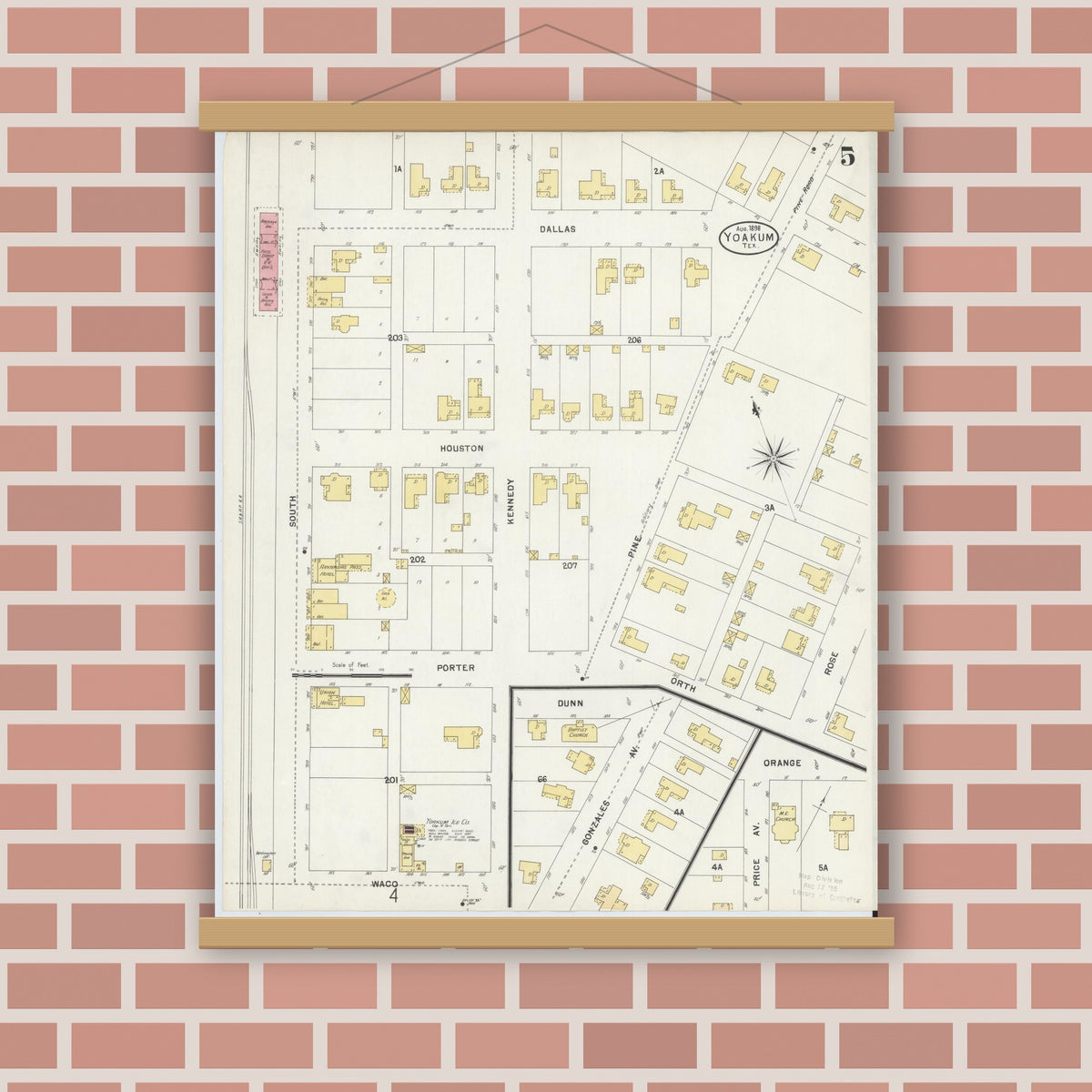 Old map wall art mockup — magnetic wood frame on brick wall — Sanborn Fire Insurance Map from Yoakum, De Witt And Lavaca Counties, Texas (1898), Sheet #0005