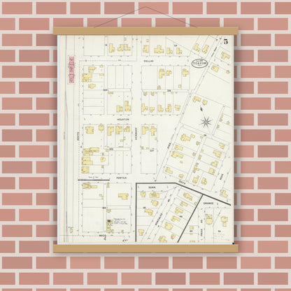 Old map wall art mockup — magnetic wood frame on brick wall — Sanborn Fire Insurance Map from Yoakum, De Witt And Lavaca Counties, Texas (1898), Sheet #0005