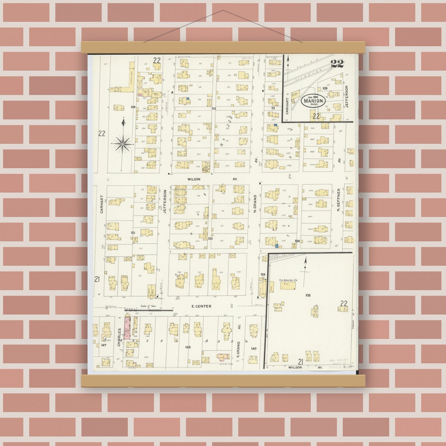 Old map wall art mockup — magnetic wood frame on brick wall — Sanborn Fire Insurance Map from Marion, Marion County, Ohio (1908), Sheet #0022