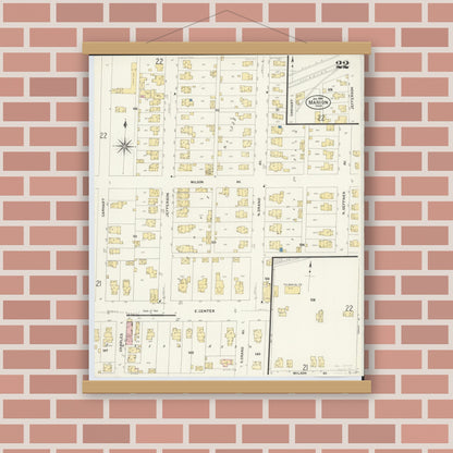 Old map wall art mockup — magnetic wood frame on brick wall — Sanborn Fire Insurance Map from Marion, Marion County, Ohio (1908), Sheet #0022