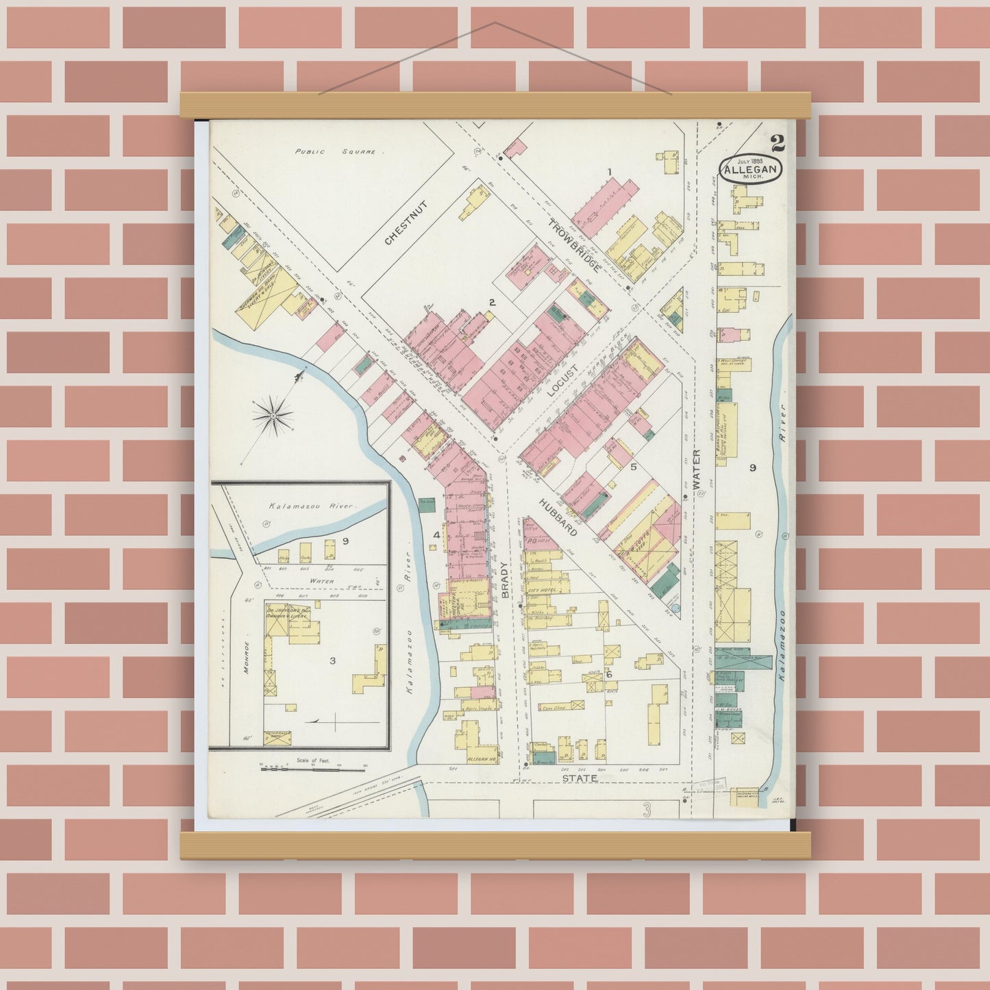 Old map wall art mockup — magnetic wood frame on brick wall — Sanborn Fire Insurance Map from Allegan, Allegan County, Michigan (1893), Sheet #0002