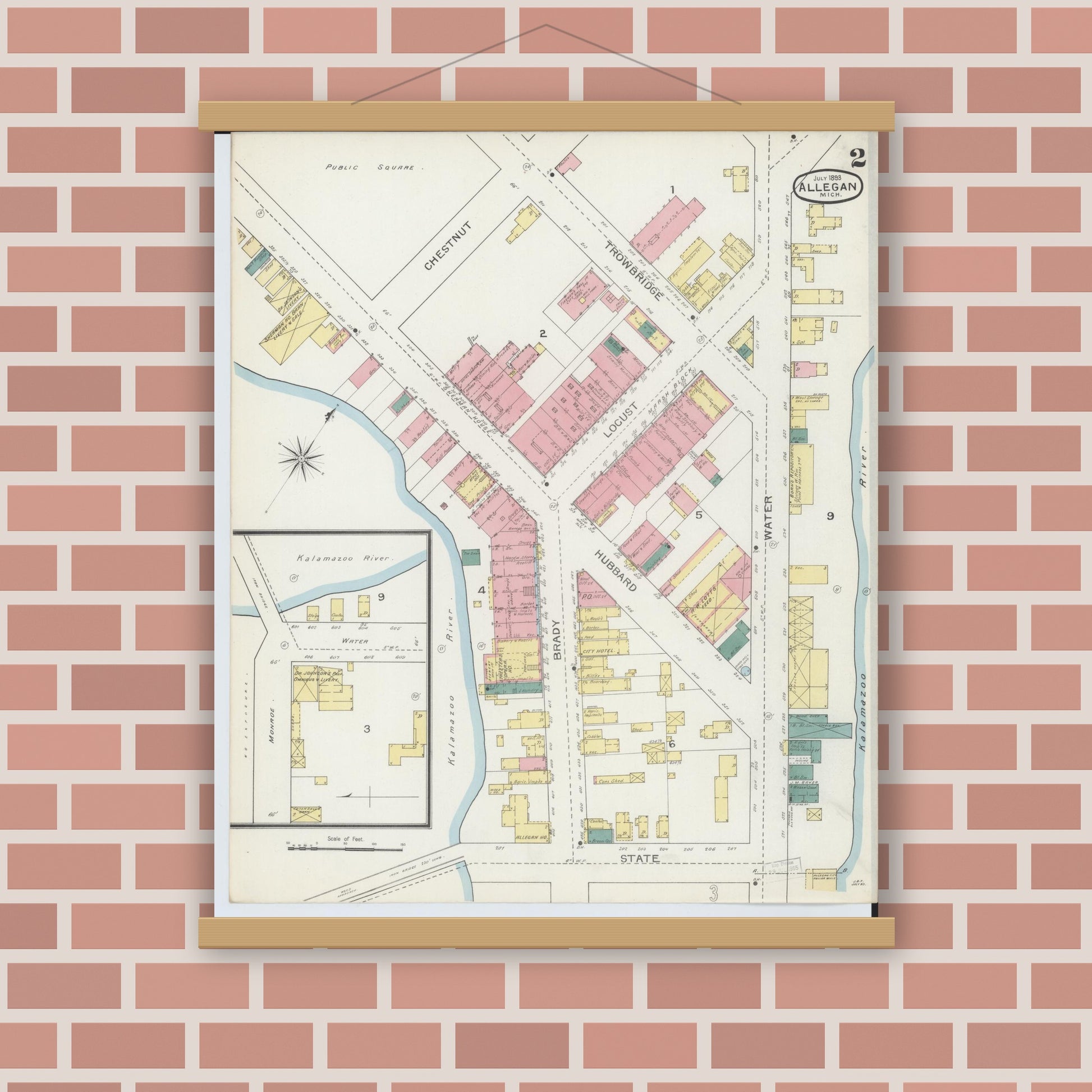 Old map wall art mockup — magnetic wood frame on brick wall — Sanborn Fire Insurance Map from Allegan, Allegan County, Michigan (1893), Sheet #0002