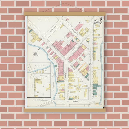 Old map wall art mockup — magnetic wood frame on brick wall — Sanborn Fire Insurance Map from Allegan, Allegan County, Michigan (1893), Sheet #0002