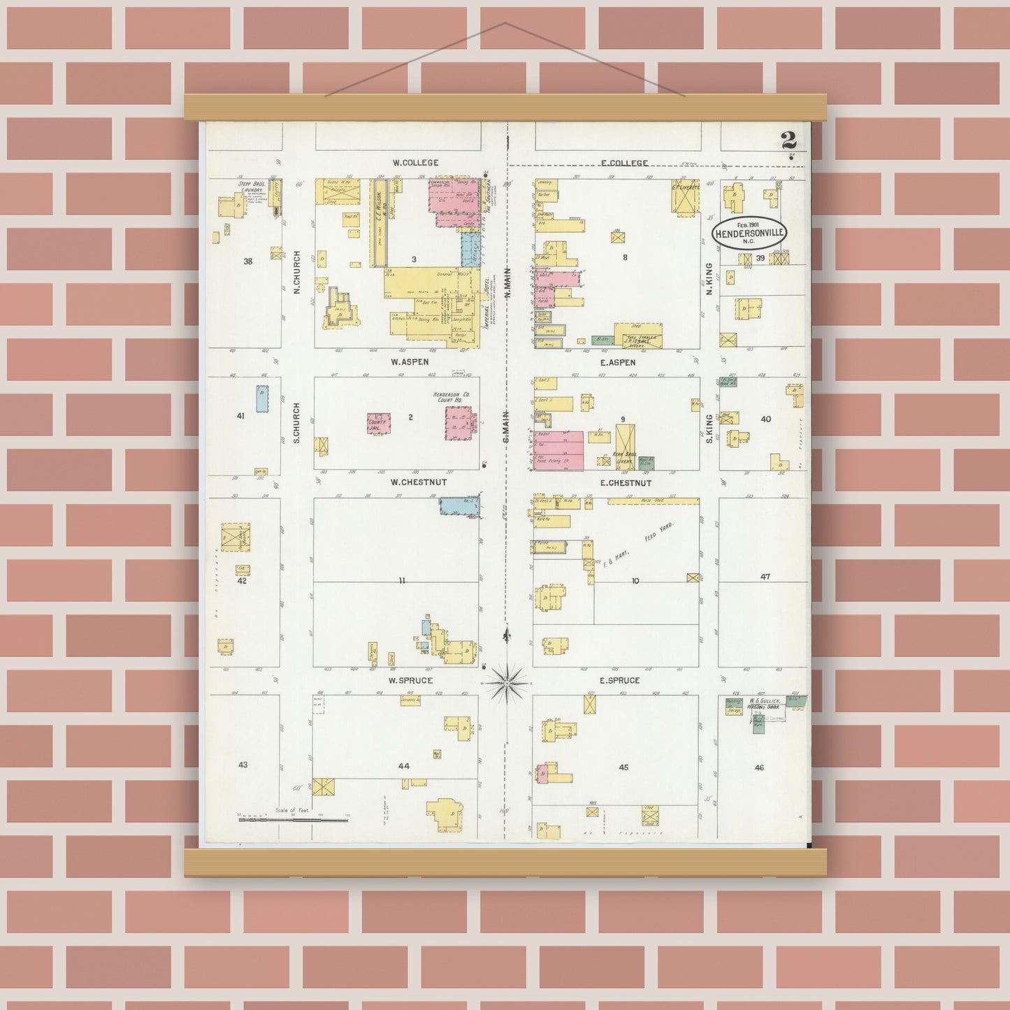 Old map wall art mockup — magnetic wood frame on brick wall — Sanborn Fire Insurance Map from Hendersonville, Henderson County, North Carolina (1901), Sheet #0002