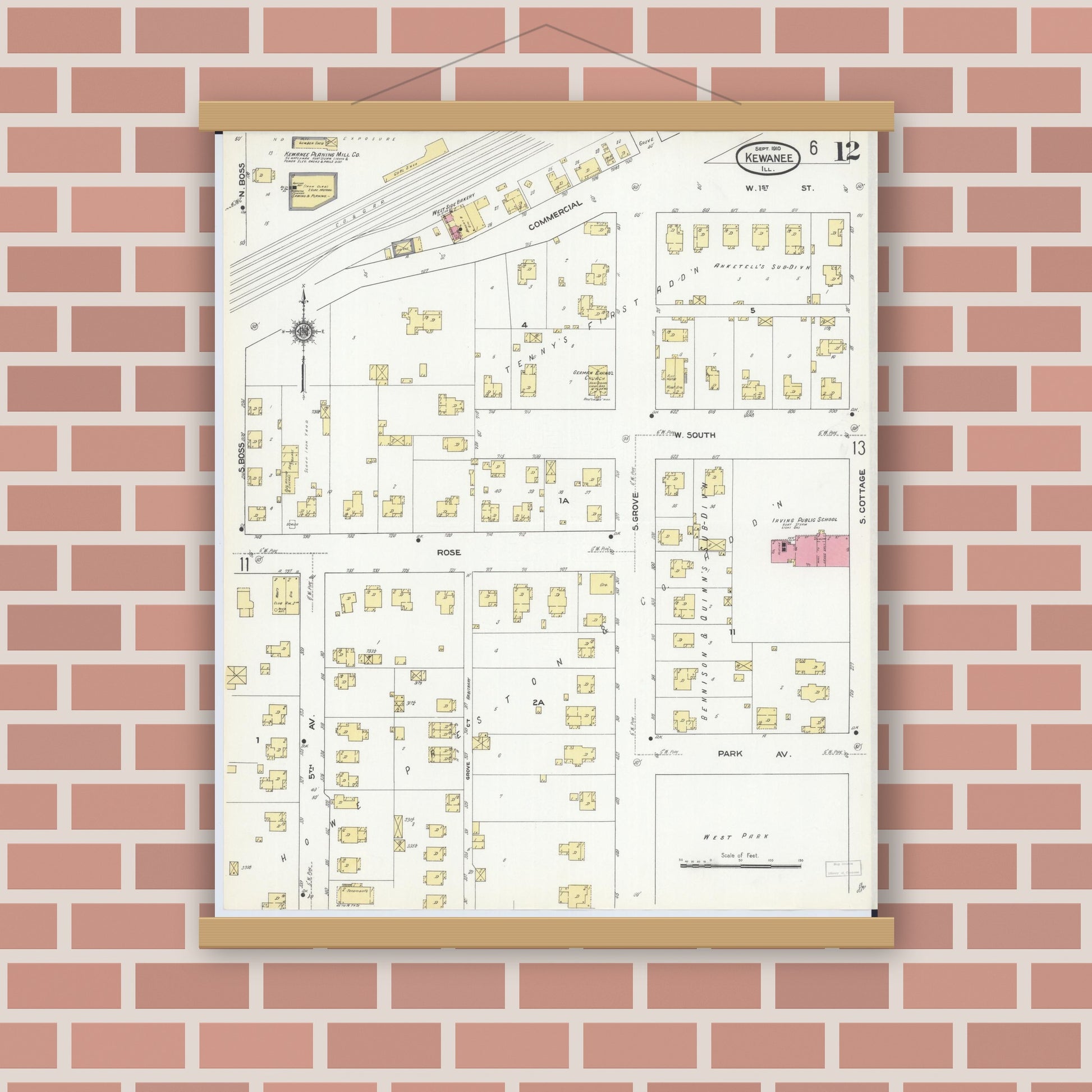Old map wall art mockup — magnetic wood frame on brick wall — Sanborn Fire Insurance Map from Kewanee, Henry County, Illinois (1910), Sheet #0012