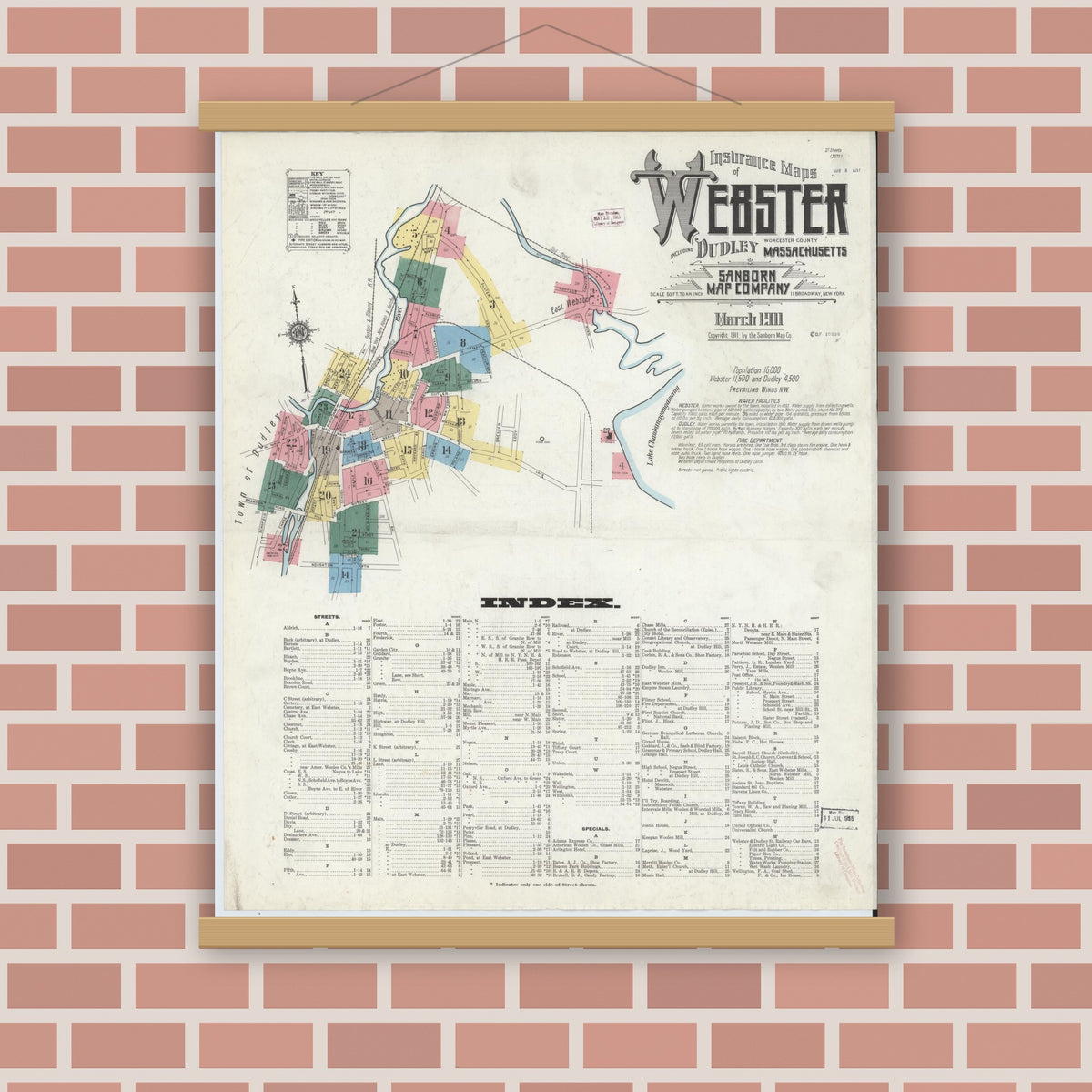 Old map wall art mockup — magnetic wood frame on brick wall — Sanborn Fire Insurance Map from Webster, Worcester County, Massachusetts (1911), Sheet #0001