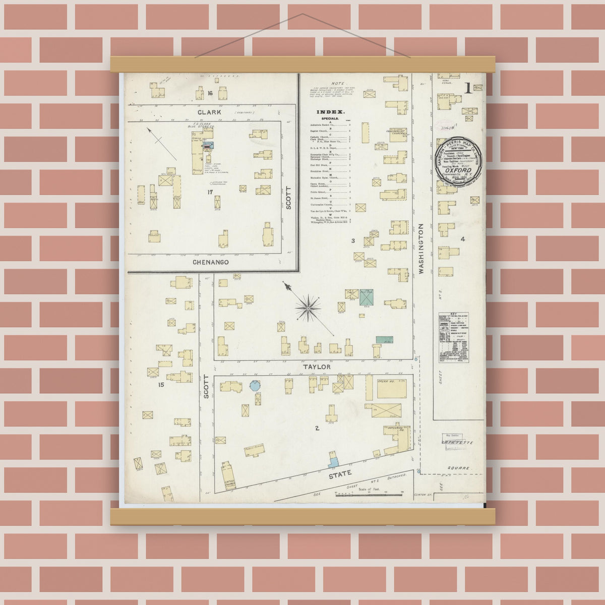 Old map wall art mockup — magnetic wood frame on brick wall — Sanborn Fire Insurance Map from Oxford, Chenango County, New York (1891) - Complete Map Set