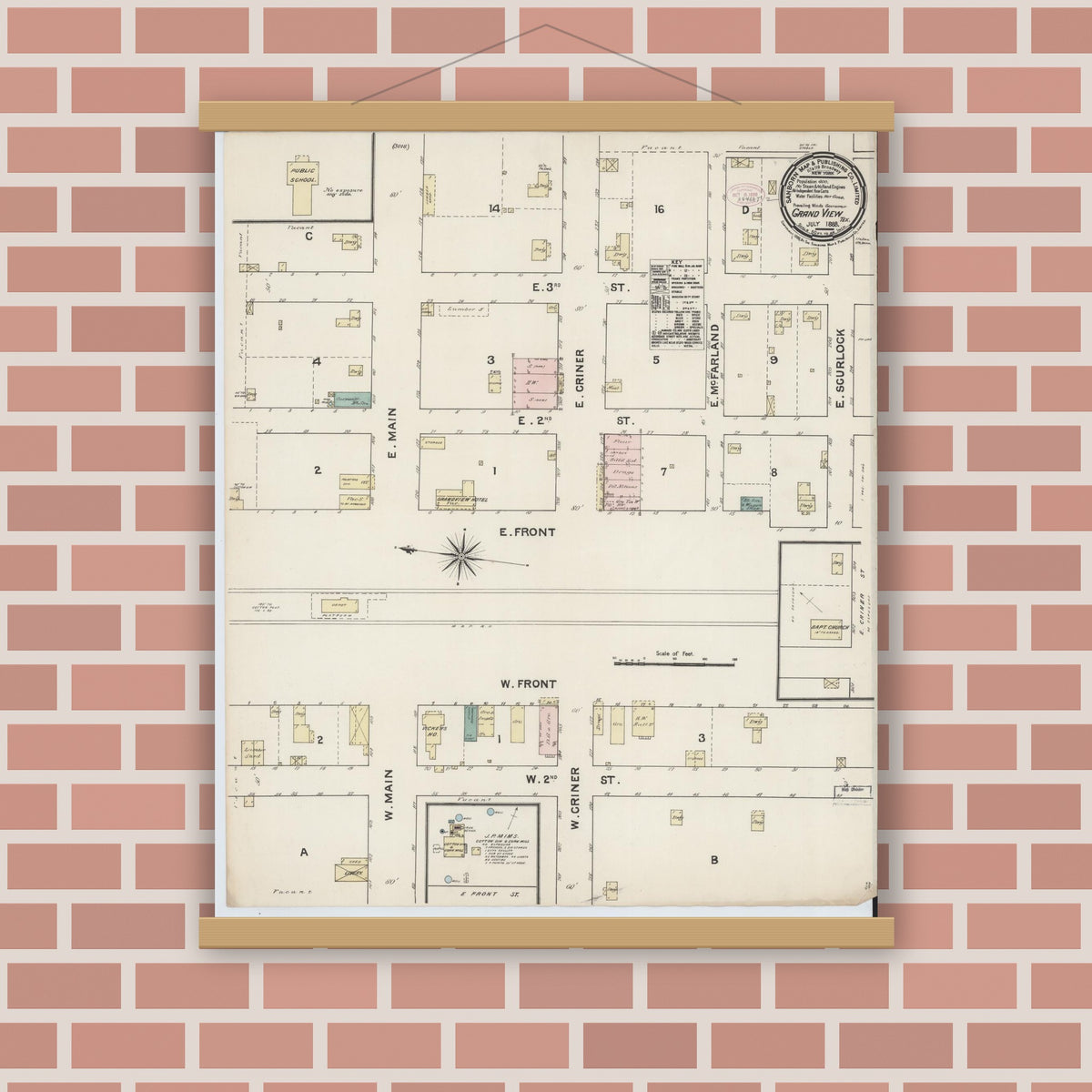Old map wall art mockup — magnetic wood frame on brick wall — Sanborn Fire Insurance Map from Grandview, Johnson County, Texas (1888), Sheet #0001