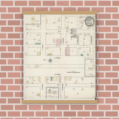 Old map wall art mockup — magnetic wood frame on brick wall — Sanborn Fire Insurance Map from Grandview, Johnson County, Texas (1888), Sheet #0001