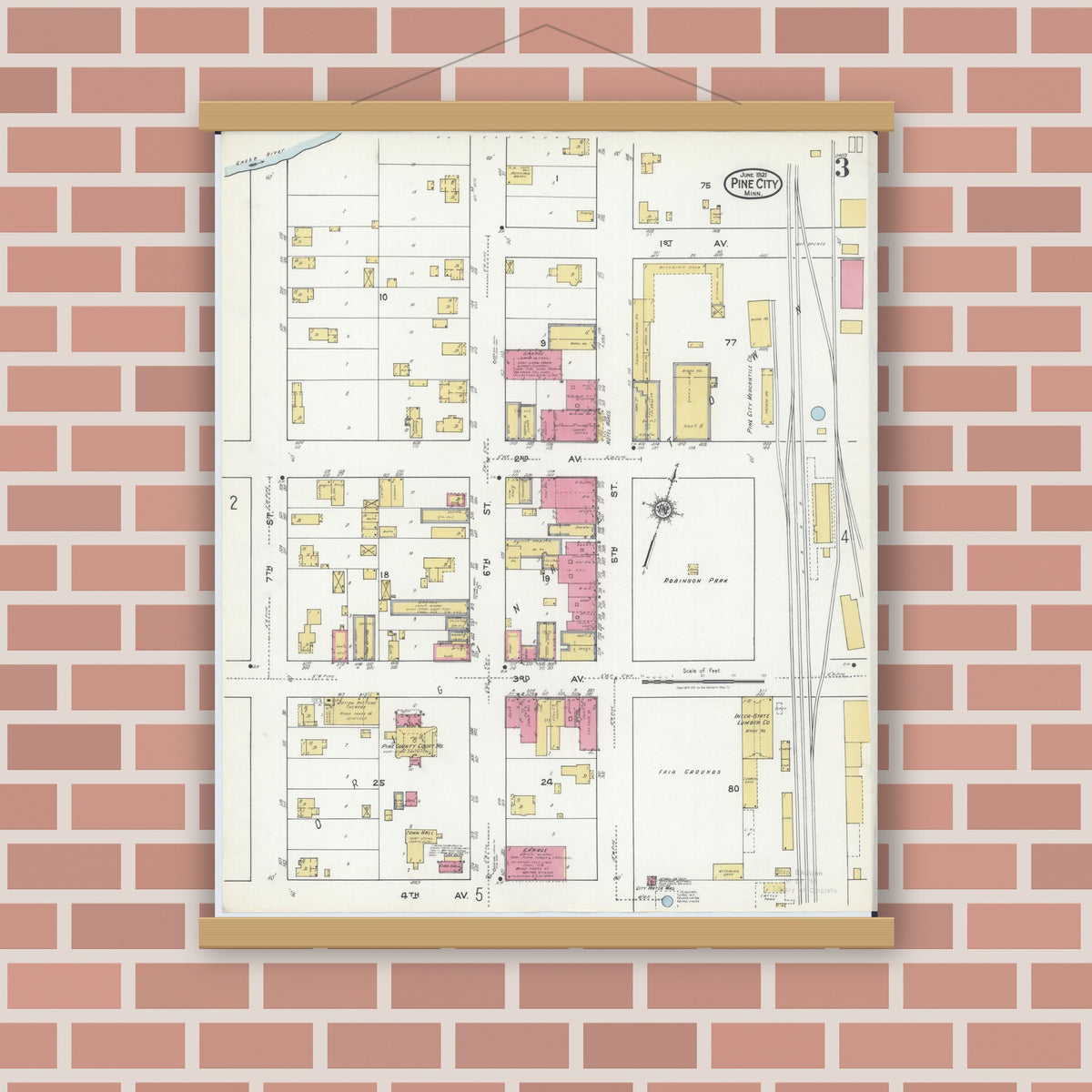Old map wall art mockup — magnetic wood frame on brick wall — Sanborn Fire Insurance Map from Pine City, Pine County, Minnesota (1921), Sheet #0003