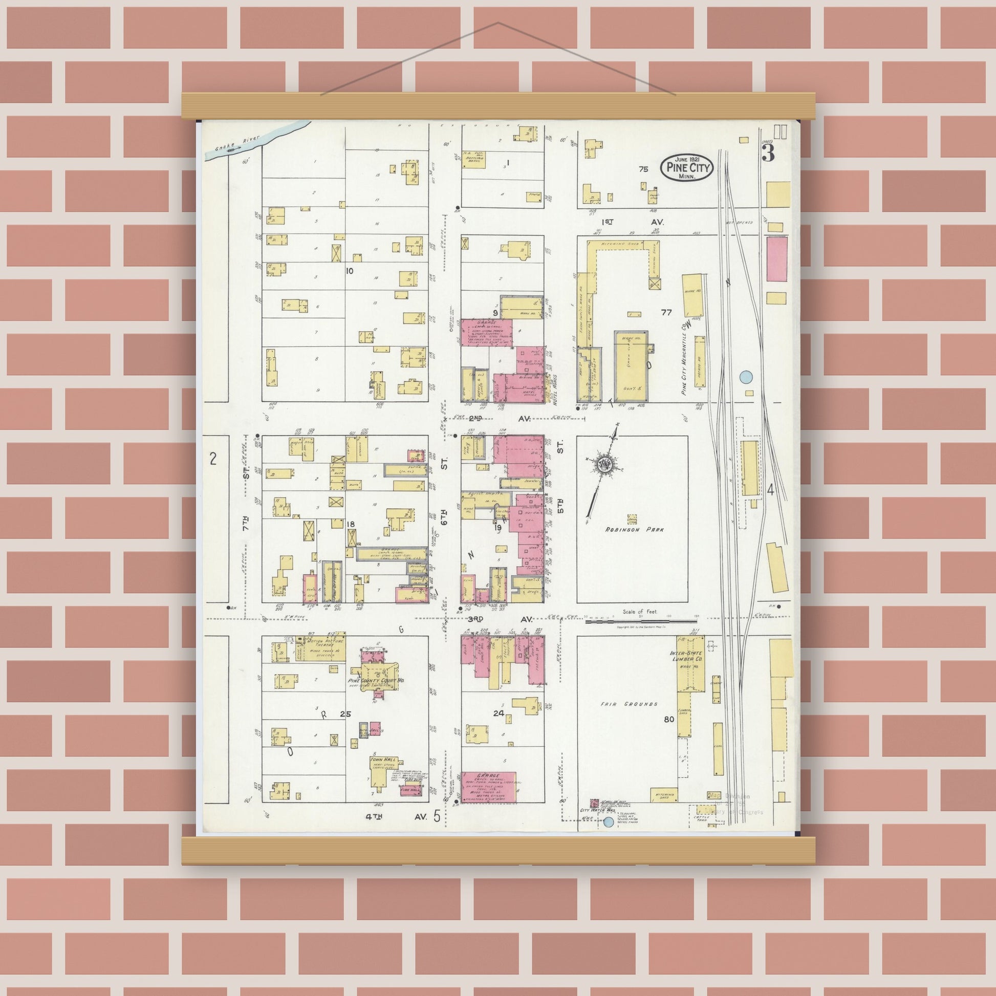 Old map wall art mockup — magnetic wood frame on brick wall — Sanborn Fire Insurance Map from Pine City, Pine County, Minnesota (1921), Sheet #0003