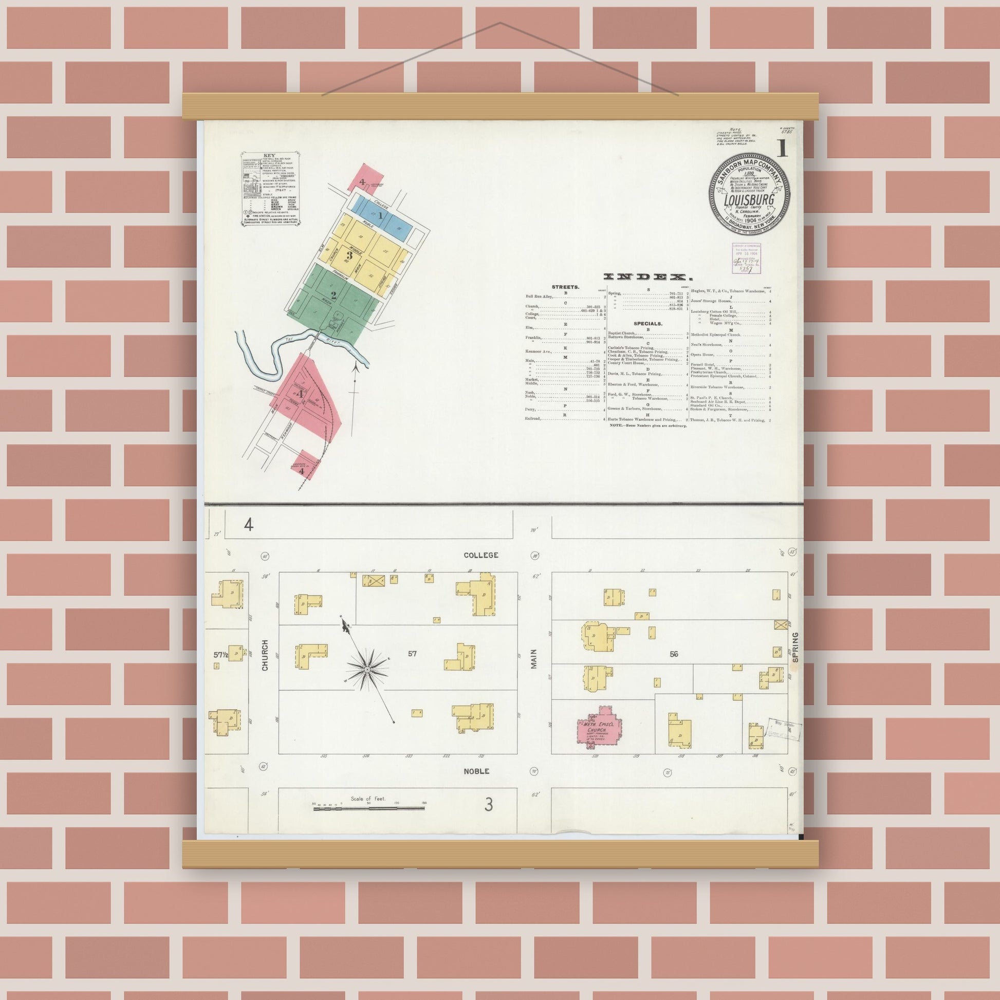 Old map wall art mockup — magnetic wood frame on brick wall — Sanborn Fire Insurance Map from Louisburg, Franklin County, North Carolina (1904) - Complete Map Set