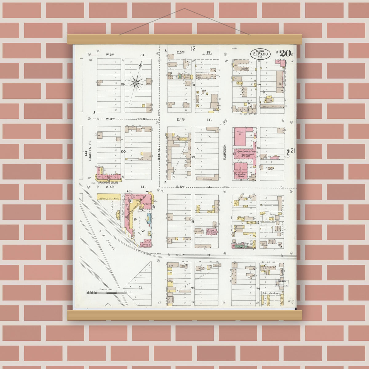 Old map wall art mockup — magnetic wood frame on brick wall — Sanborn Fire Insurance Map from El Paso, El Paso County, Texas (1900), Sheet #0020