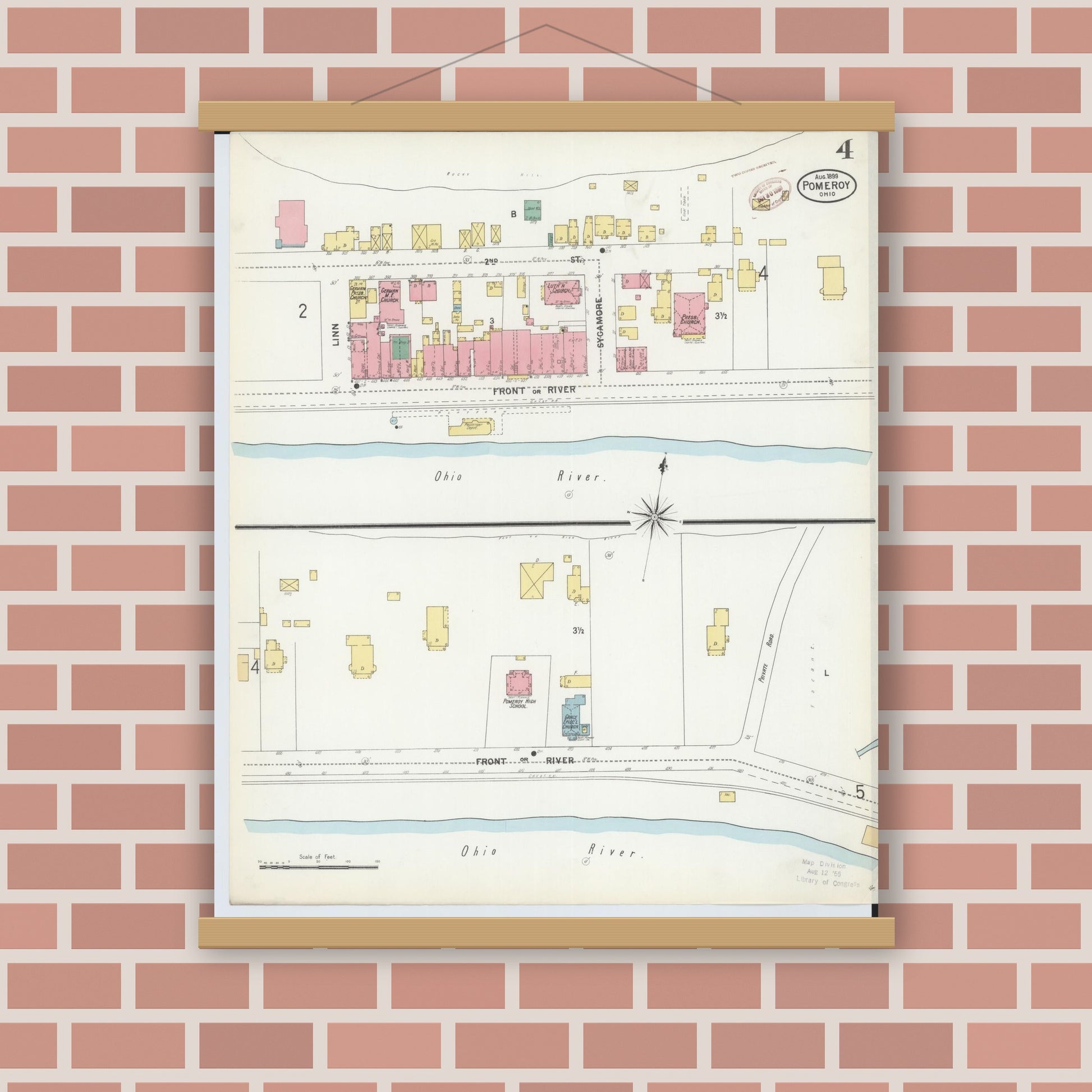 Old map wall art mockup — magnetic wood frame on brick wall — Sanborn Fire Insurance Map from Pomeroy, Meigs County, Ohio (1899), Sheet #0004