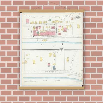 Old map wall art mockup — magnetic wood frame on brick wall — Sanborn Fire Insurance Map from Pomeroy, Meigs County, Ohio (1899), Sheet #0004