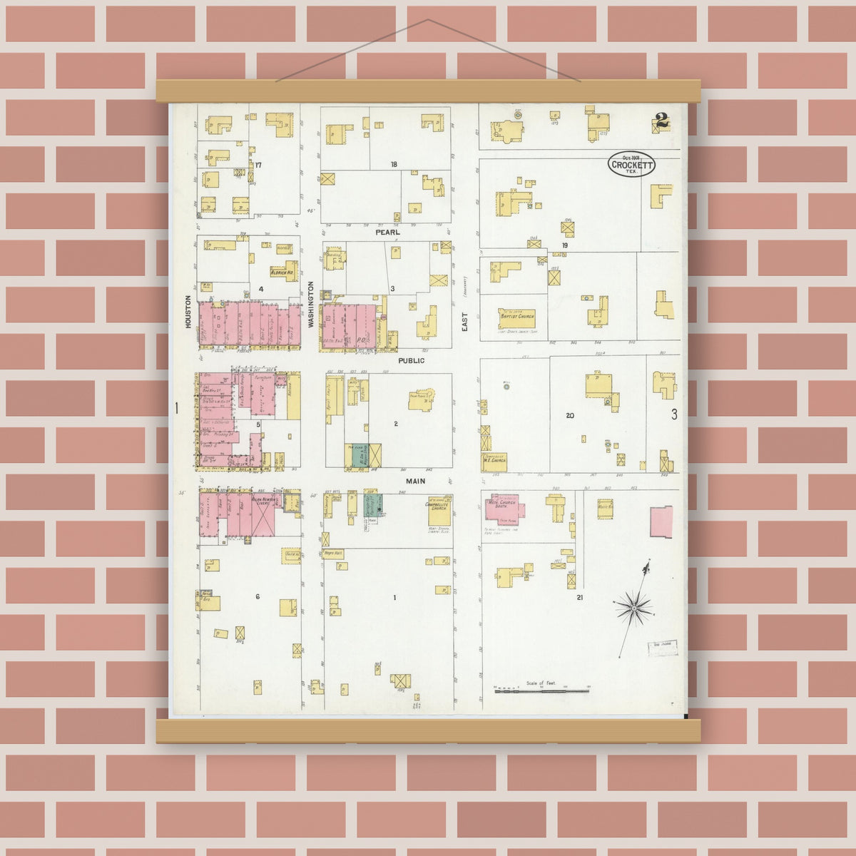 Old map wall art mockup — magnetic wood frame on brick wall — Sanborn Fire Insurance Map from Crockett, Houston County, Texas (1901), Sheet #0002