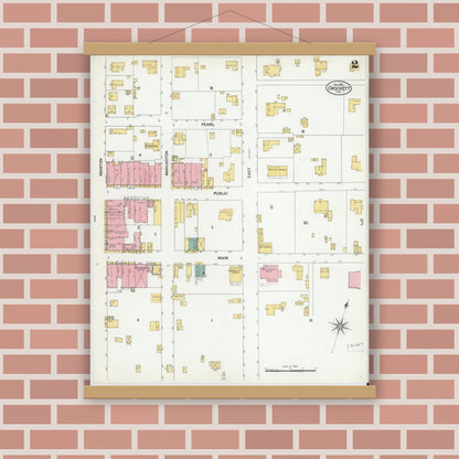 Old map wall art mockup — magnetic wood frame on brick wall — Sanborn Fire Insurance Map from Crockett, Houston County, Texas (1901), Sheet #0002