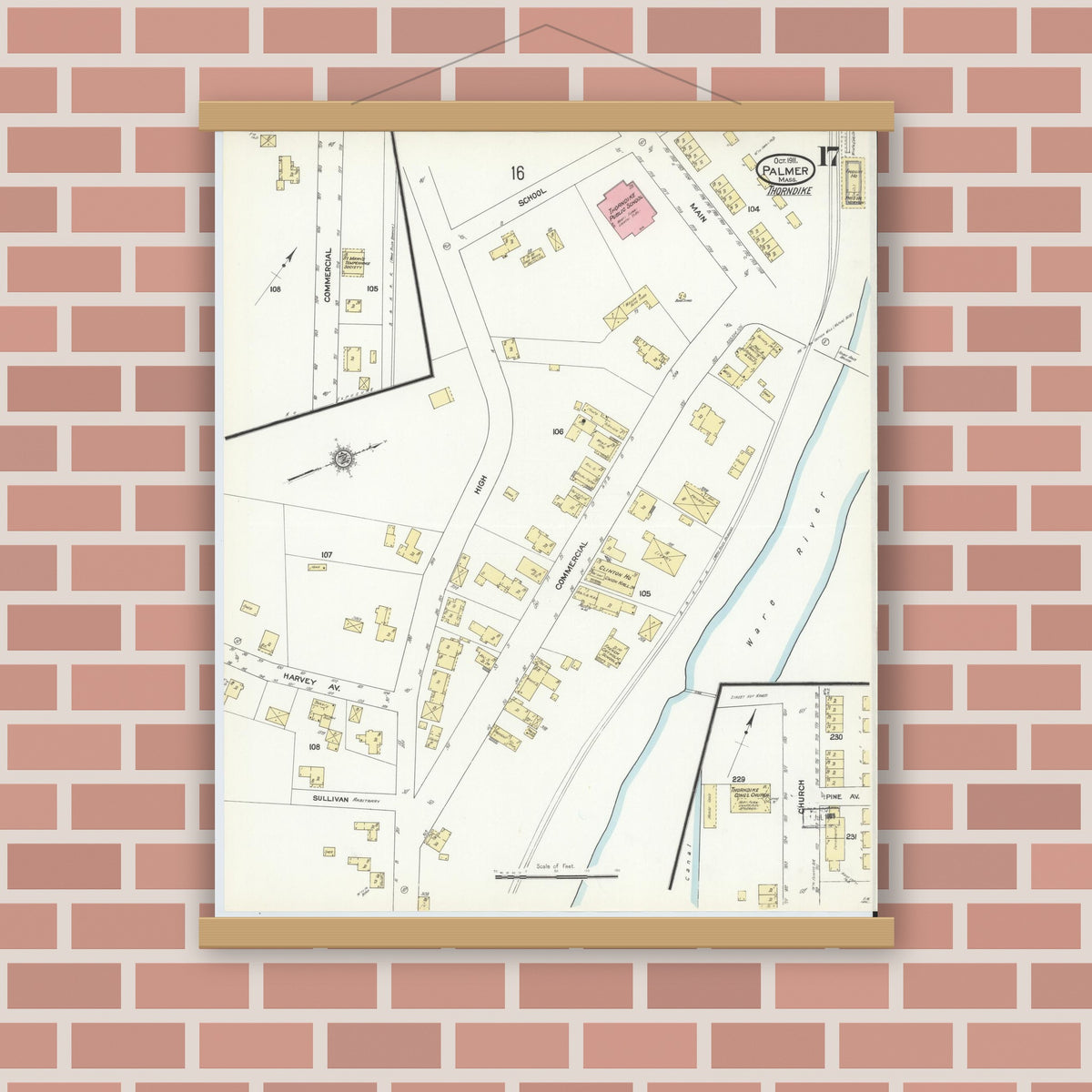 Old map wall art mockup — magnetic wood frame on brick wall — Sanborn Fire Insurance Map from Palmer, Hampden County, Massachusetts (1911), Sheet #0017