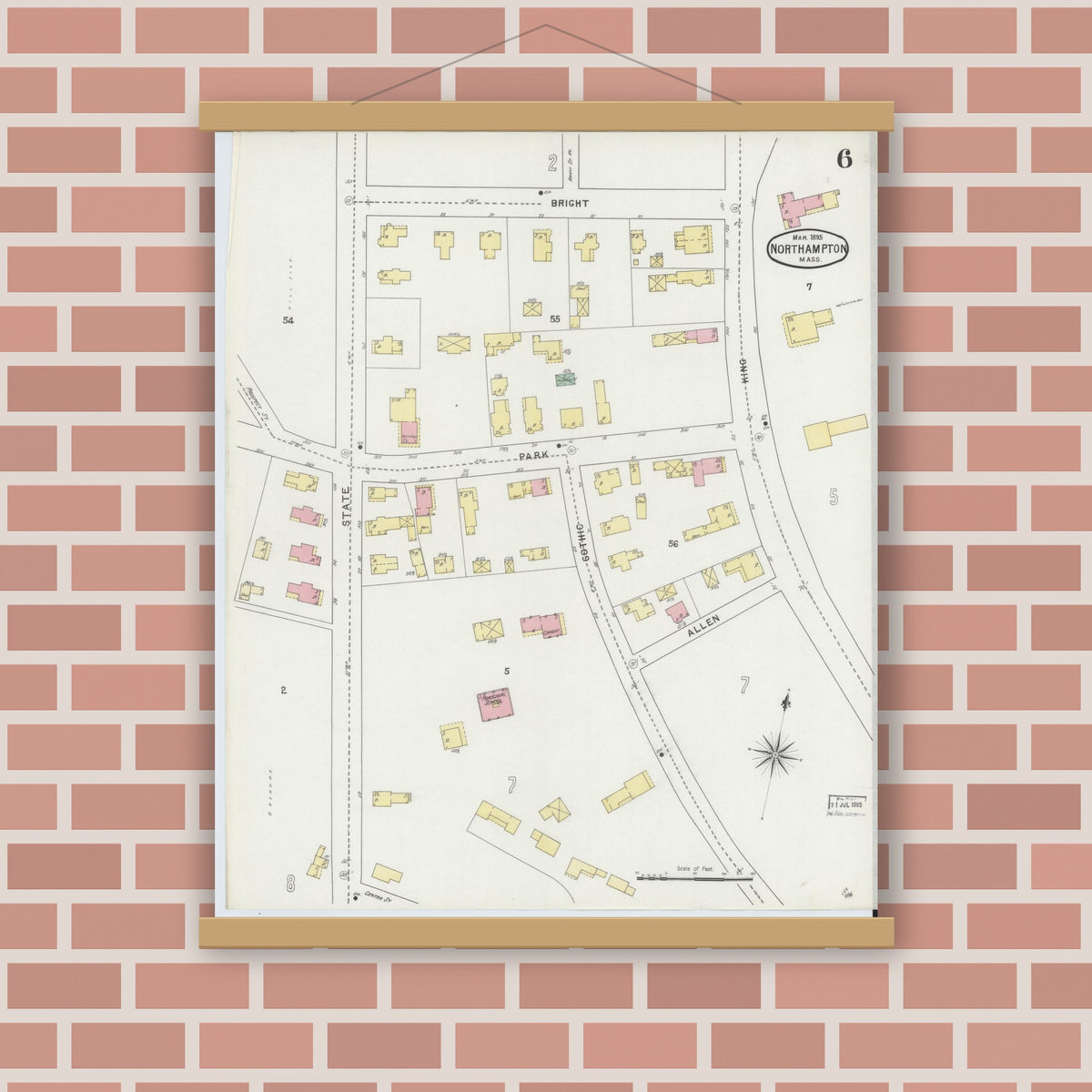Old map wall art mockup — magnetic wood frame on brick wall — Sanborn Fire Insurance Map from Northampton, Hampshire County, Massachusetts (1895), Sheet #0006