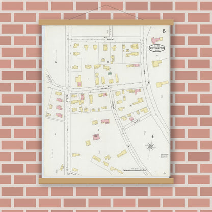 Old map wall art mockup — magnetic wood frame on brick wall — Sanborn Fire Insurance Map from Northampton, Hampshire County, Massachusetts (1895), Sheet #0006