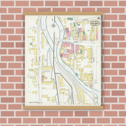 Old map wall art mockup — magnetic wood frame on brick wall — Sanborn Fire Insurance Map from North Adams, Berkshire County, Massachusetts (1892), Sheet #0006