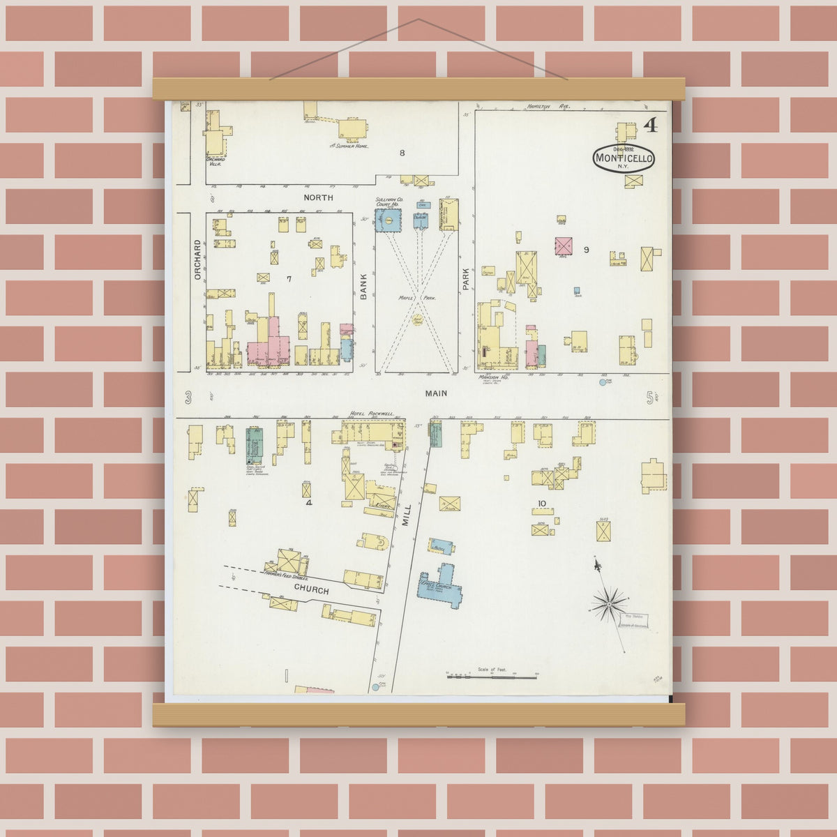 Old map wall art mockup — magnetic wood frame on brick wall — Sanborn Fire Insurance Map from Monticello, Sullivan County, New York (1892), Sheet #0004