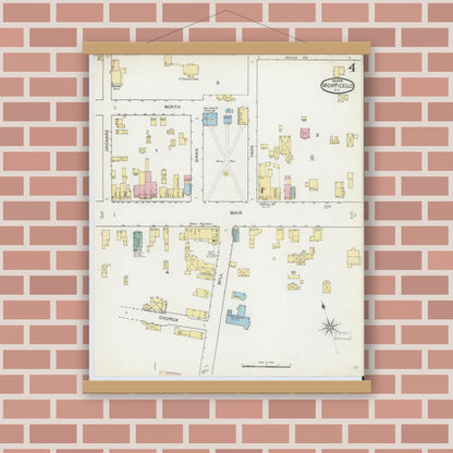 Old map wall art mockup — magnetic wood frame on brick wall — Sanborn Fire Insurance Map from Monticello, Sullivan County, New York (1892), Sheet #0004