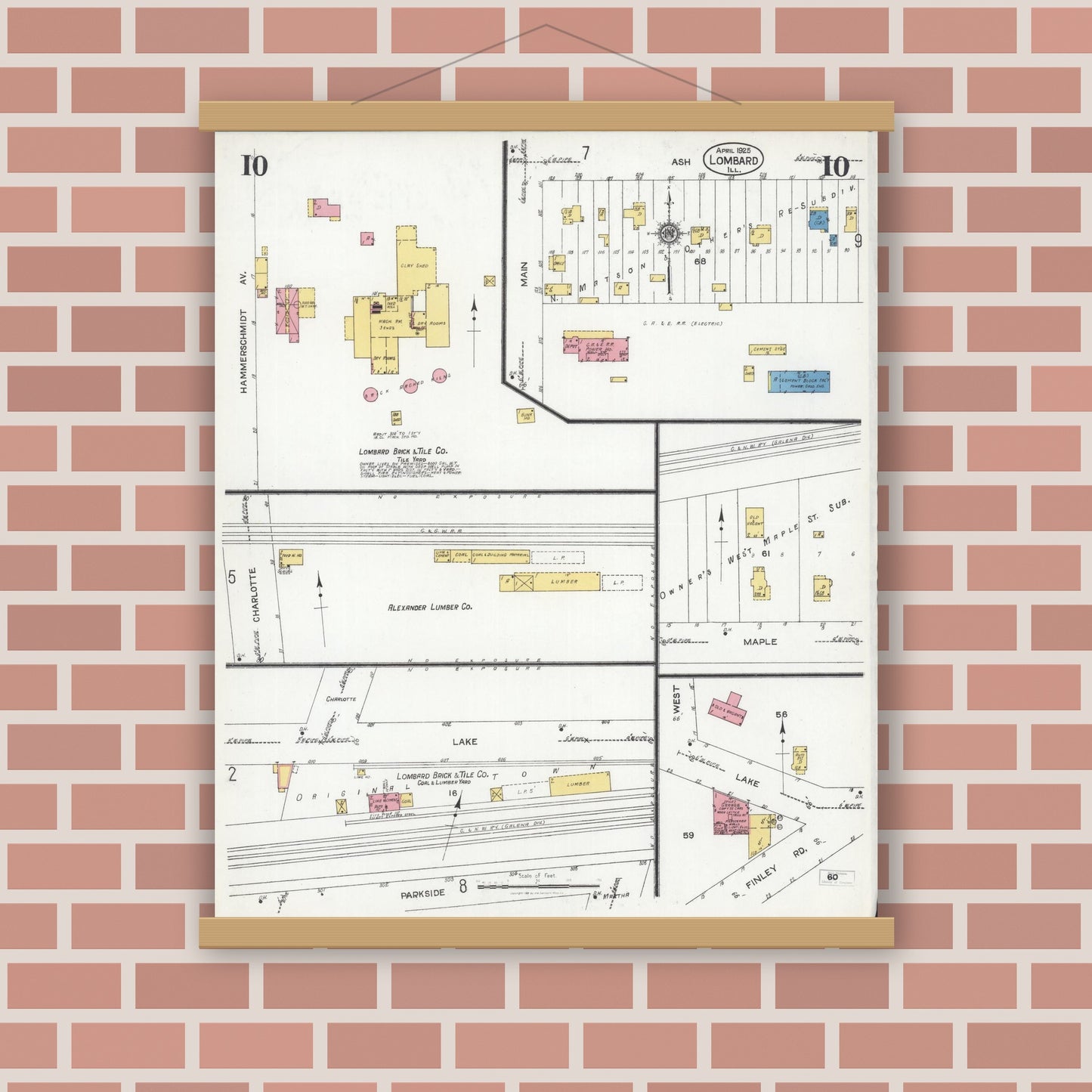Old map wall art mockup — magnetic wood frame on brick wall — Sanborn Fire Insurance Map from Lombard, Du Page County, Illinois (1925), Sheet #0010