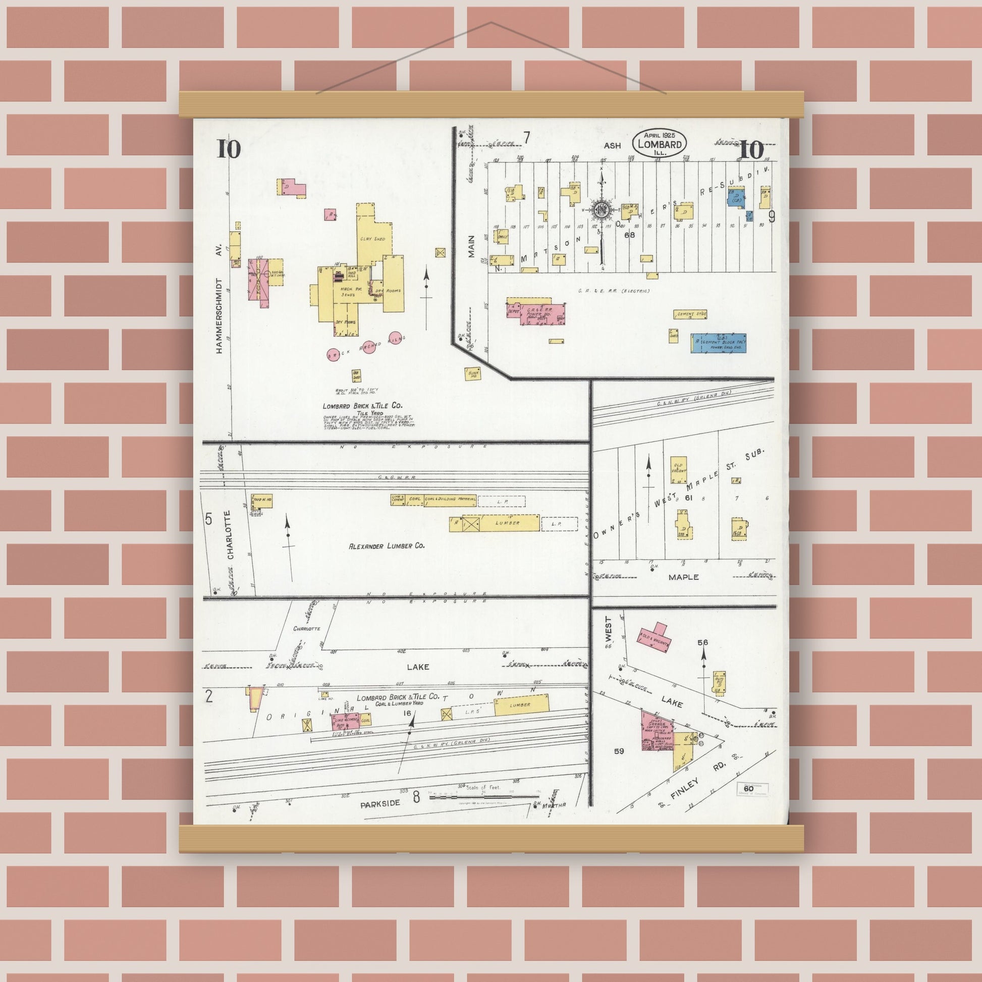 Old map wall art mockup — magnetic wood frame on brick wall — Sanborn Fire Insurance Map from Lombard, Du Page County, Illinois (1925), Sheet #0010
