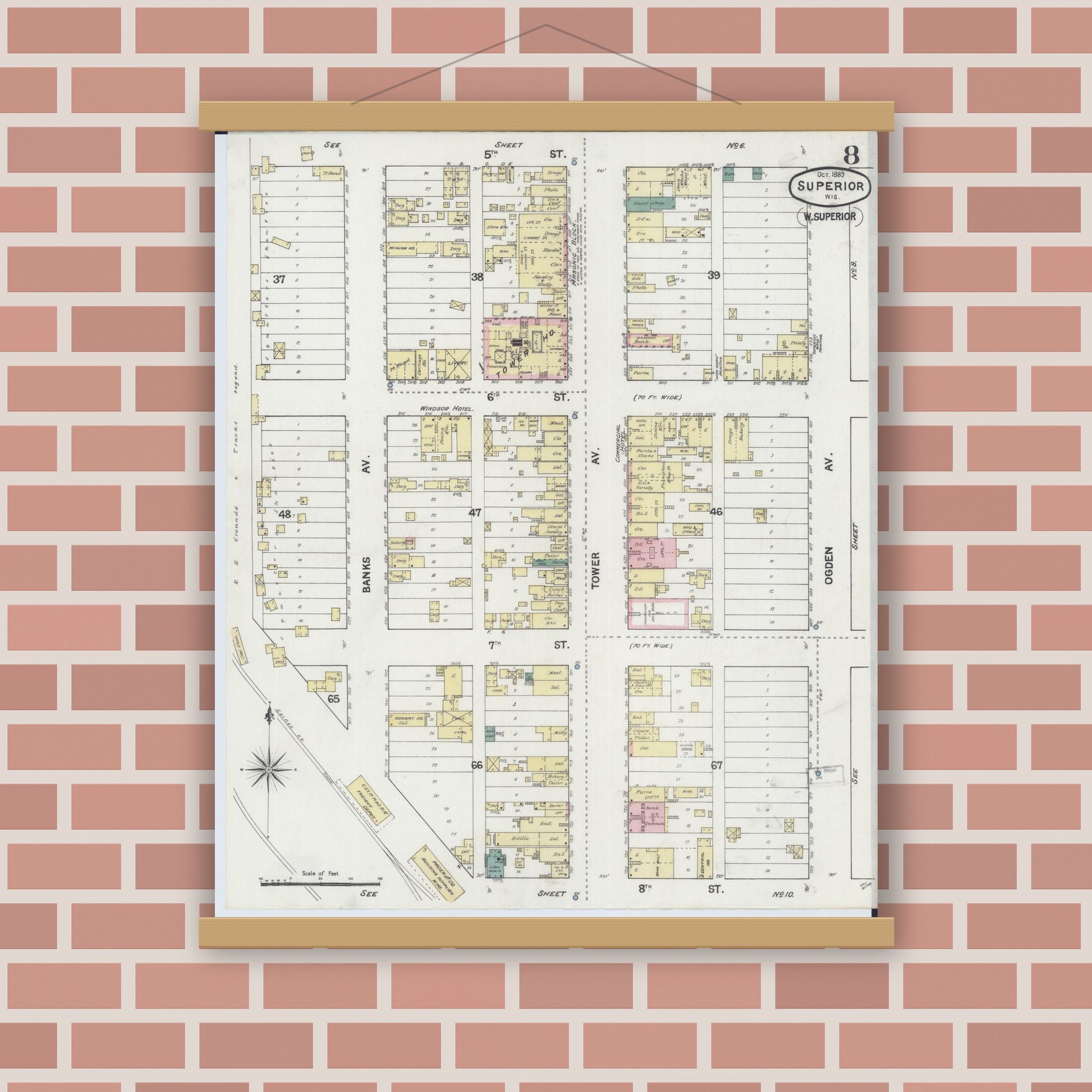 Old map wall art mockup — magnetic wood frame on brick wall — Sanborn Fire Insurance Map from Superior, Douglas County, Wisconsin (1887), Sheet #0008