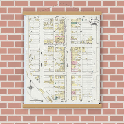 Old map wall art mockup — magnetic wood frame on brick wall — Sanborn Fire Insurance Map from Superior, Douglas County, Wisconsin (1887), Sheet #0008