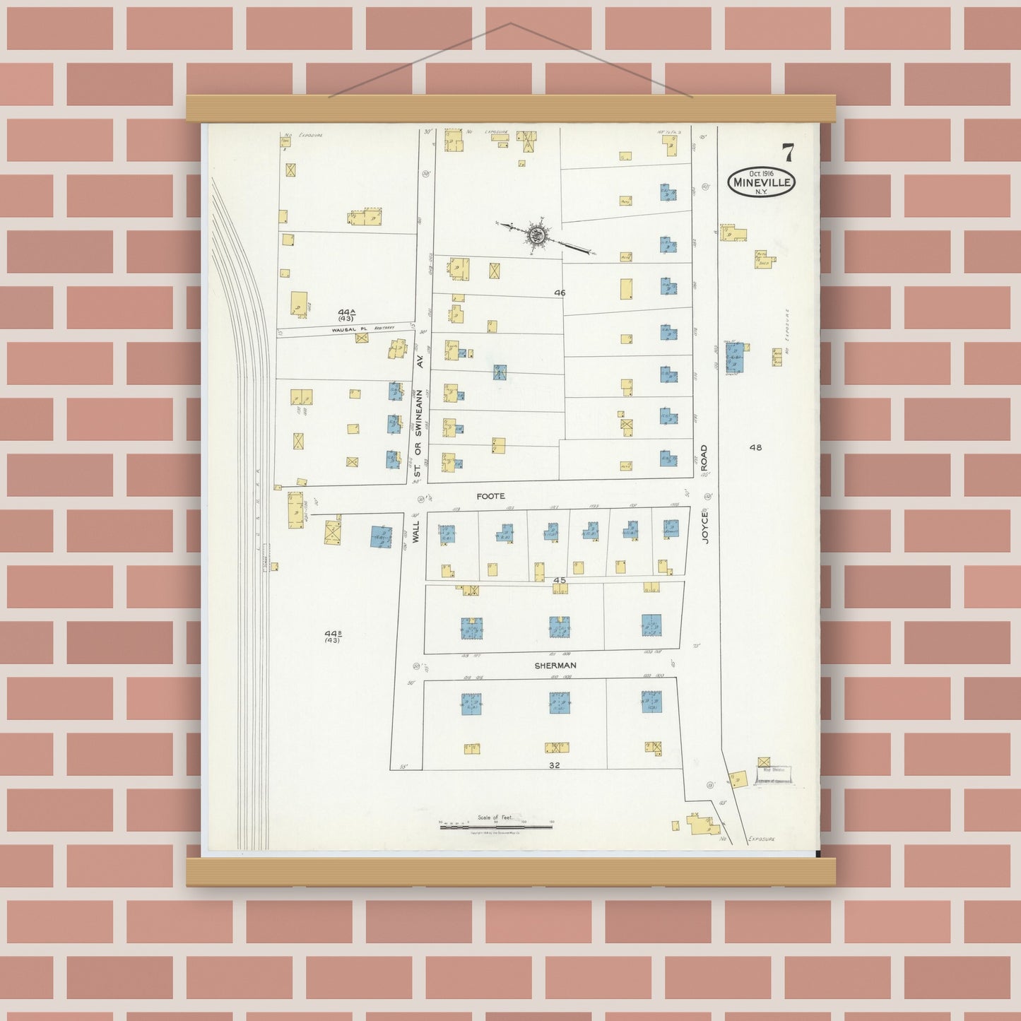 Old map wall art mockup — magnetic wood frame on brick wall — Sanborn Fire Insurance Map from Mineville, Essex County, New York (1916), Sheet #0007