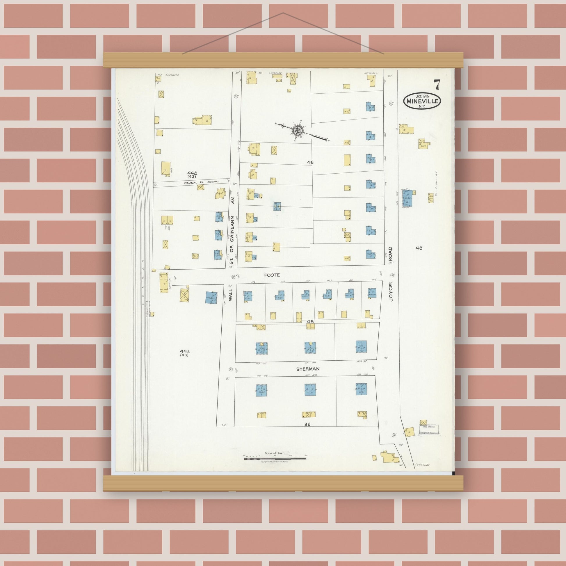 Old map wall art mockup — magnetic wood frame on brick wall — Sanborn Fire Insurance Map from Mineville, Essex County, New York (1916), Sheet #0007