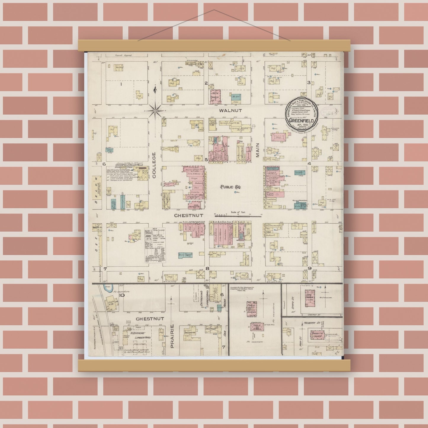 Old map wall art mockup — magnetic wood frame on brick wall — Sanborn Fire Insurance Map from Greenfield, Greene County, Illinois (1885), Sheet #0001