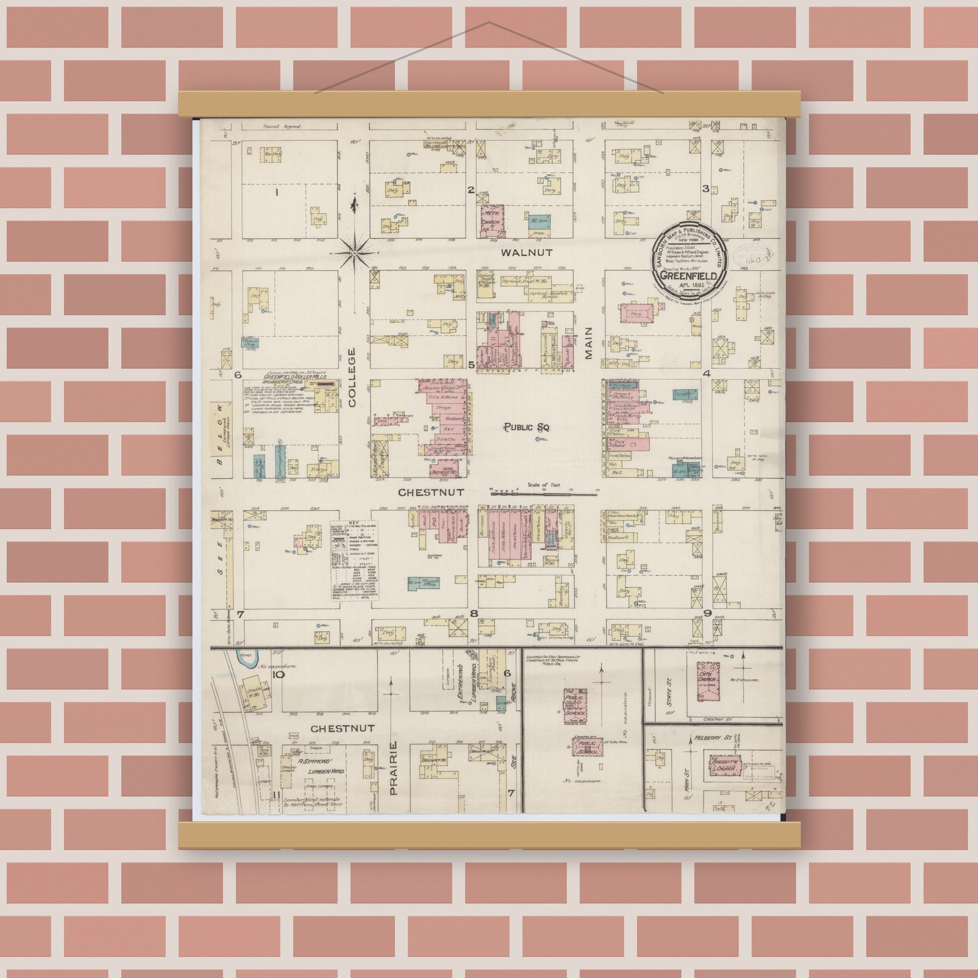 Old map wall art mockup — magnetic wood frame on brick wall — Sanborn Fire Insurance Map from Greenfield, Greene County, Illinois (1885), Sheet #0001