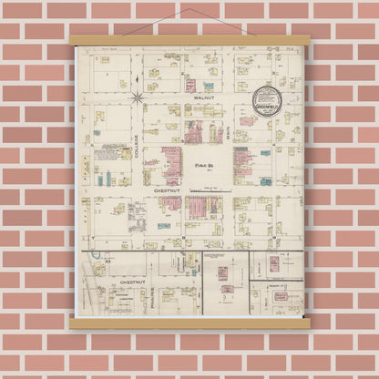 Old map wall art mockup — magnetic wood frame on brick wall — Sanborn Fire Insurance Map from Greenfield, Greene County, Illinois (1885), Sheet #0001