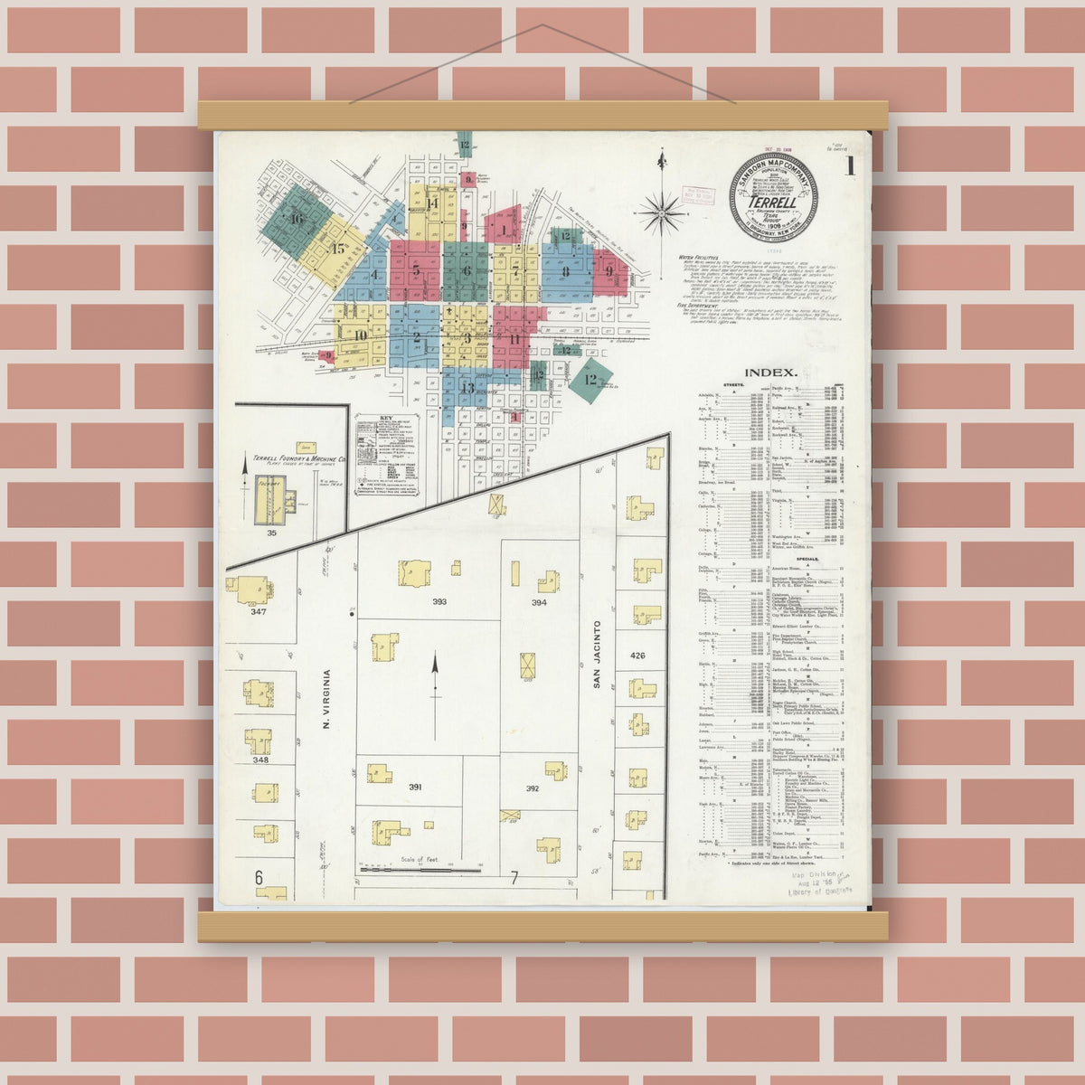 Old map wall art mockup — magnetic wood frame on brick wall — Sanborn Fire Insurance Map from Terrell, Kaufman County, Texas (1909) - Complete Map Set