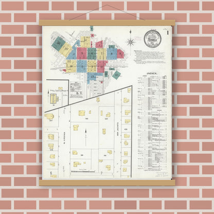 Old map wall art mockup — magnetic wood frame on brick wall — Sanborn Fire Insurance Map from Terrell, Kaufman County, Texas (1909) - Complete Map Set