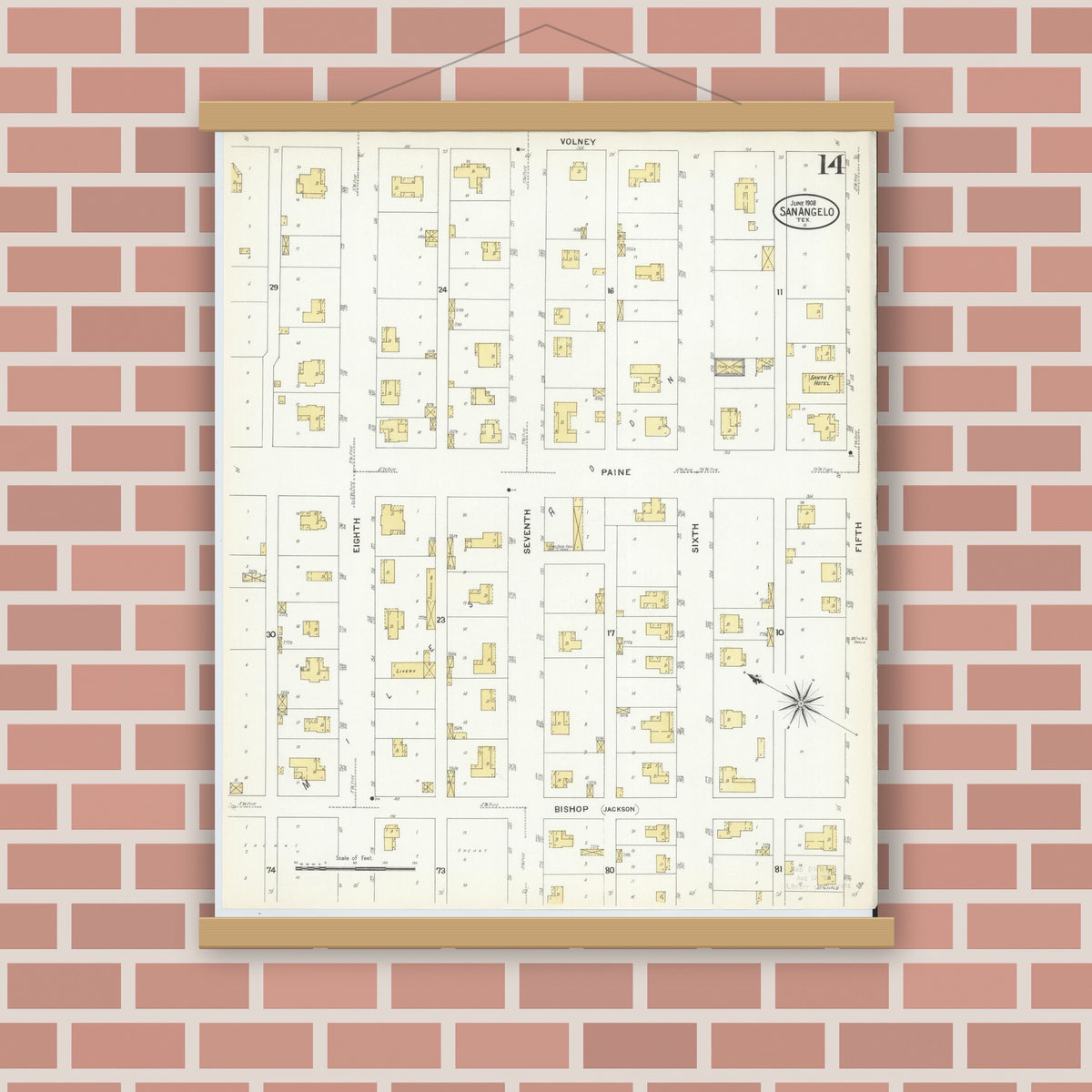 Old map wall art mockup — magnetic wood frame on brick wall — Sanborn Fire Insurance Map from San Angelo, Tom Green County, Texas (1908), Sheet #0014