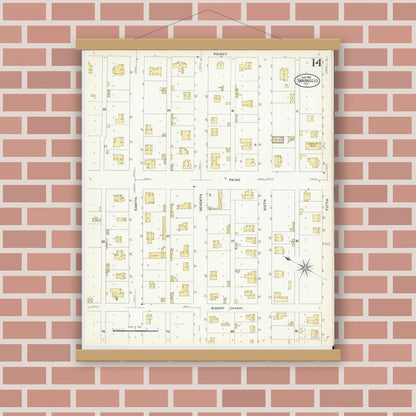 Old map wall art mockup — magnetic wood frame on brick wall — Sanborn Fire Insurance Map from San Angelo, Tom Green County, Texas (1908), Sheet #0014