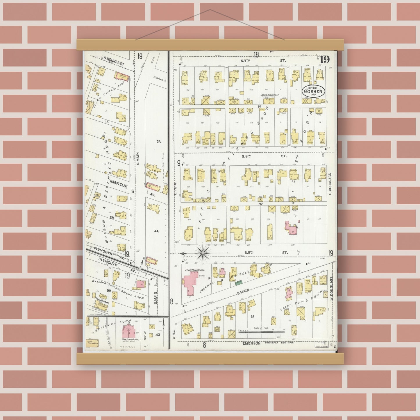 Old map wall art mockup — magnetic wood frame on brick wall — Sanborn Fire Insurance Map from Goshen, Elkhart County, Indiana (1901), Sheet #0019