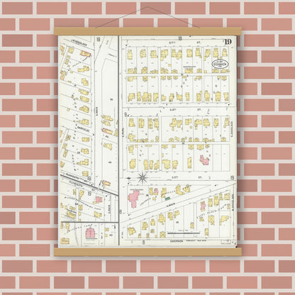Old map wall art mockup — magnetic wood frame on brick wall — Sanborn Fire Insurance Map from Goshen, Elkhart County, Indiana (1901), Sheet #0019