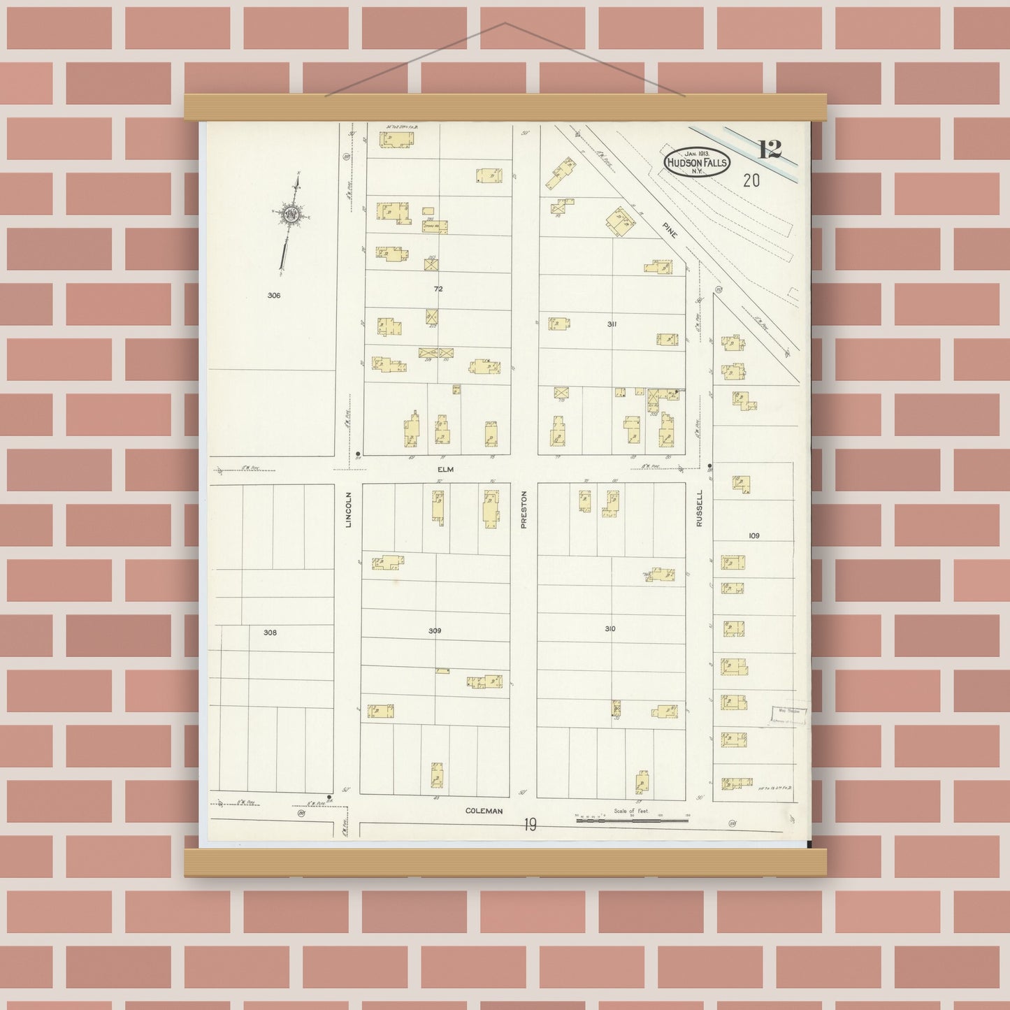 Old map wall art mockup — magnetic wood frame on brick wall — Sanborn Fire Insurance Map from Hudson Falls, Washington County, New York (1913), Sheet #0012