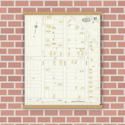 Old map wall art mockup — magnetic wood frame on brick wall — Sanborn Fire Insurance Map from Hudson Falls, Washington County, New York (1913), Sheet #0012