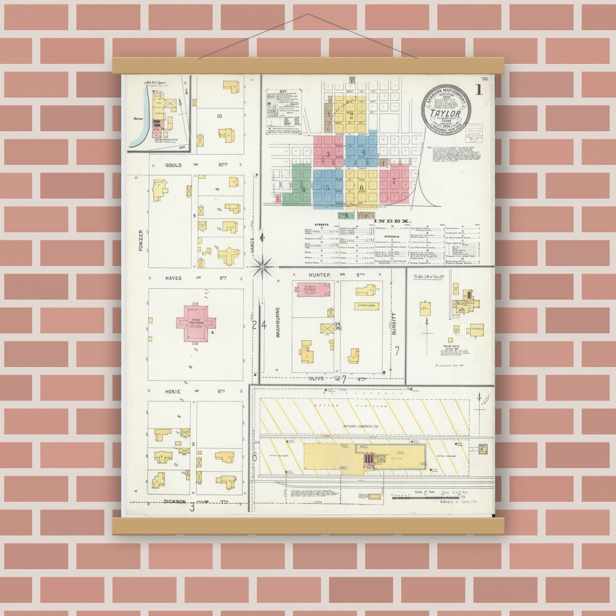 Old map wall art mockup — magnetic wood frame on brick wall — Sanborn Fire Insurance Map from Taylor, Williamson County, Texas (1904), Sheet #0001