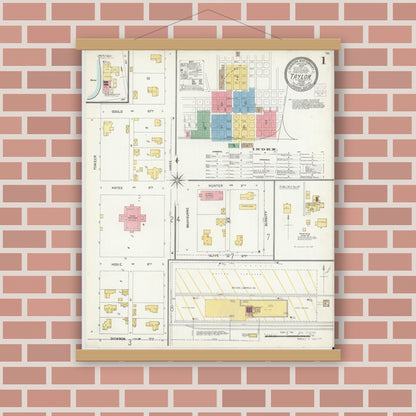 Old map wall art mockup — magnetic wood frame on brick wall — Sanborn Fire Insurance Map from Taylor, Williamson County, Texas (1904), Sheet #0001