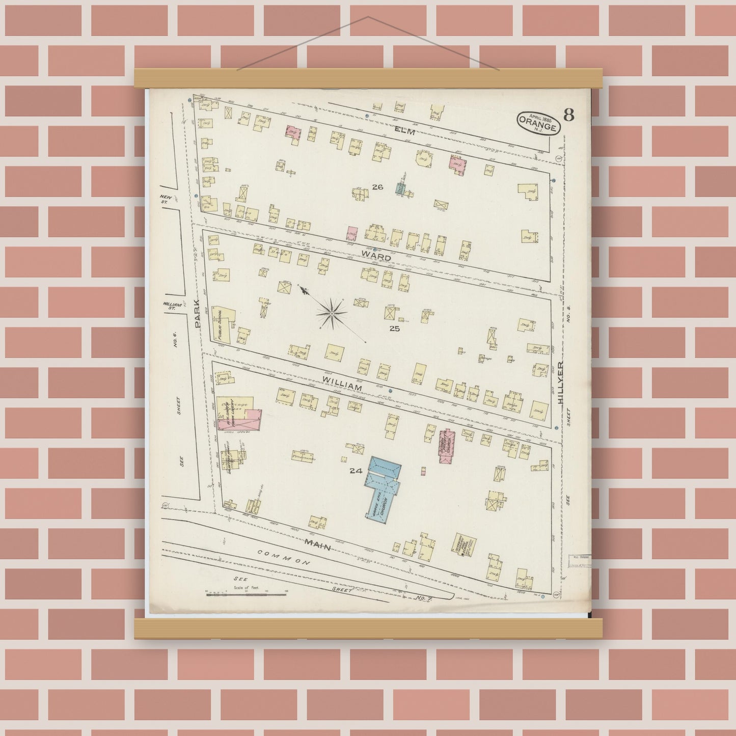 Old map wall art mockup — magnetic wood frame on brick wall — Sanborn Fire Insurance Map from Orange, Essex County, New Jersey (1885), Sheet #0008