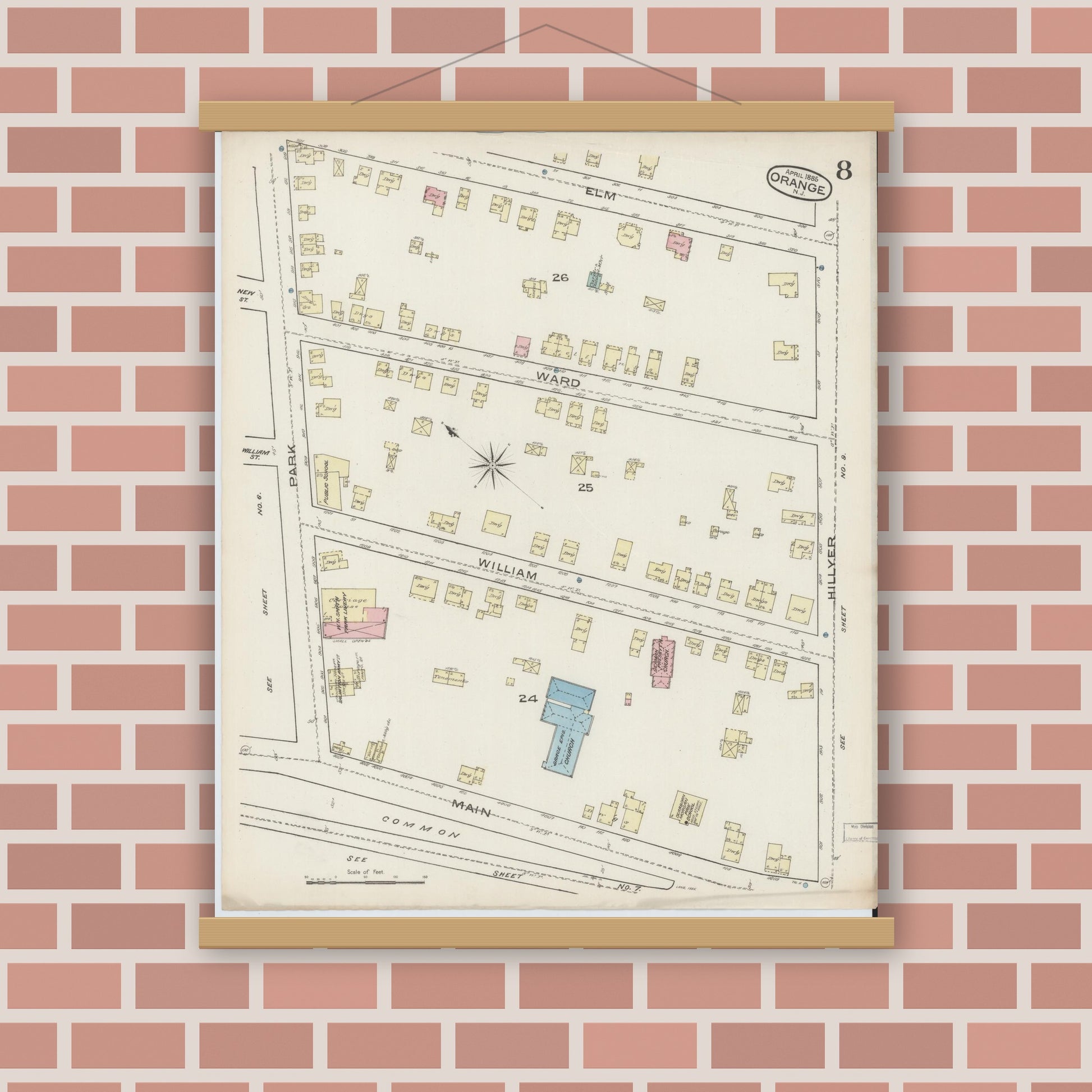 Old map wall art mockup — magnetic wood frame on brick wall — Sanborn Fire Insurance Map from Orange, Essex County, New Jersey (1885), Sheet #0008