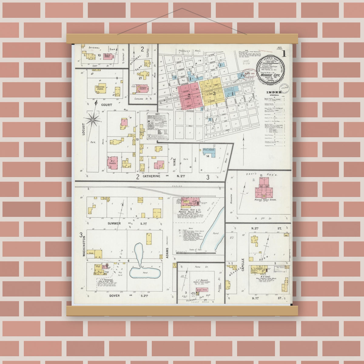 Old map wall art mockup — magnetic wood frame on brick wall — Sanborn Fire Insurance Map from Monroe City, Monroe County, Missouri (1899), Sheet #0001